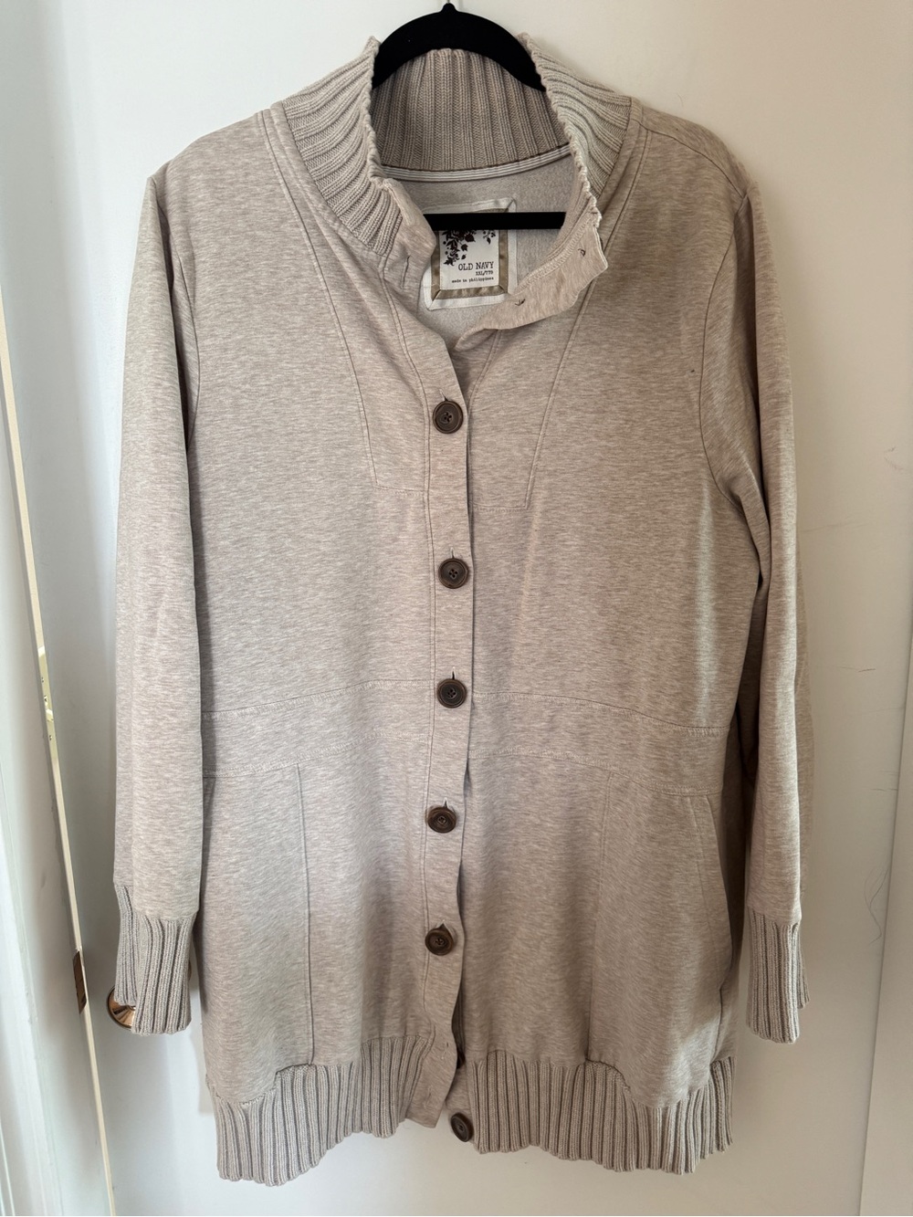 Old Navy XXL Oatmeal Knit Long Cardigan Sweater Jacket Ribbed Trim Pockets